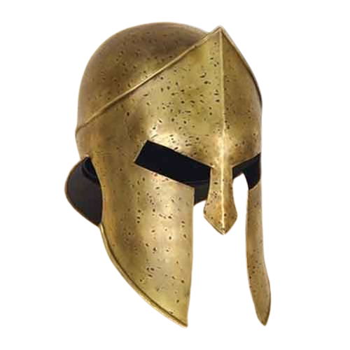 Casco espartano de bronce, con un diseño clásico que cubre toda la cabeza, dejando espacios para los ojos y una abertura en la parte delantera. El casco presenta un acabado envejecido con marcas irregulares en la superficie.